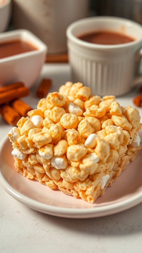 A single square of rice crispy treats on a plate with a cup of hot chocolate in a cozy kitchen.